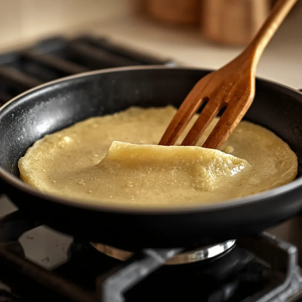 Low Carb Cream Cheese Crepes 2 A thin low carb cream cheese crepe cooking in a non-stick skillet, being flipped with a wooden spatula.
