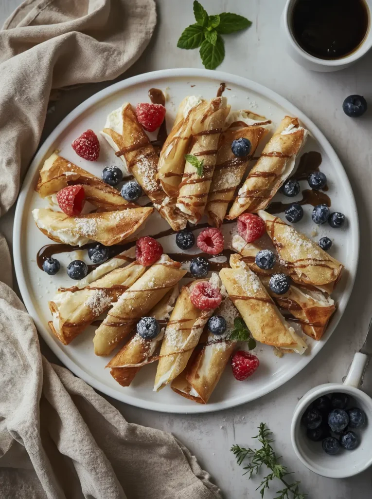 Low Carb Cream Cheese Crepes 4 A white serving platter of low carb cream cheese crepes garnished with fresh blueberries, raspberries, and a sugar-free chocolate drizzle for a keto brunch spread.