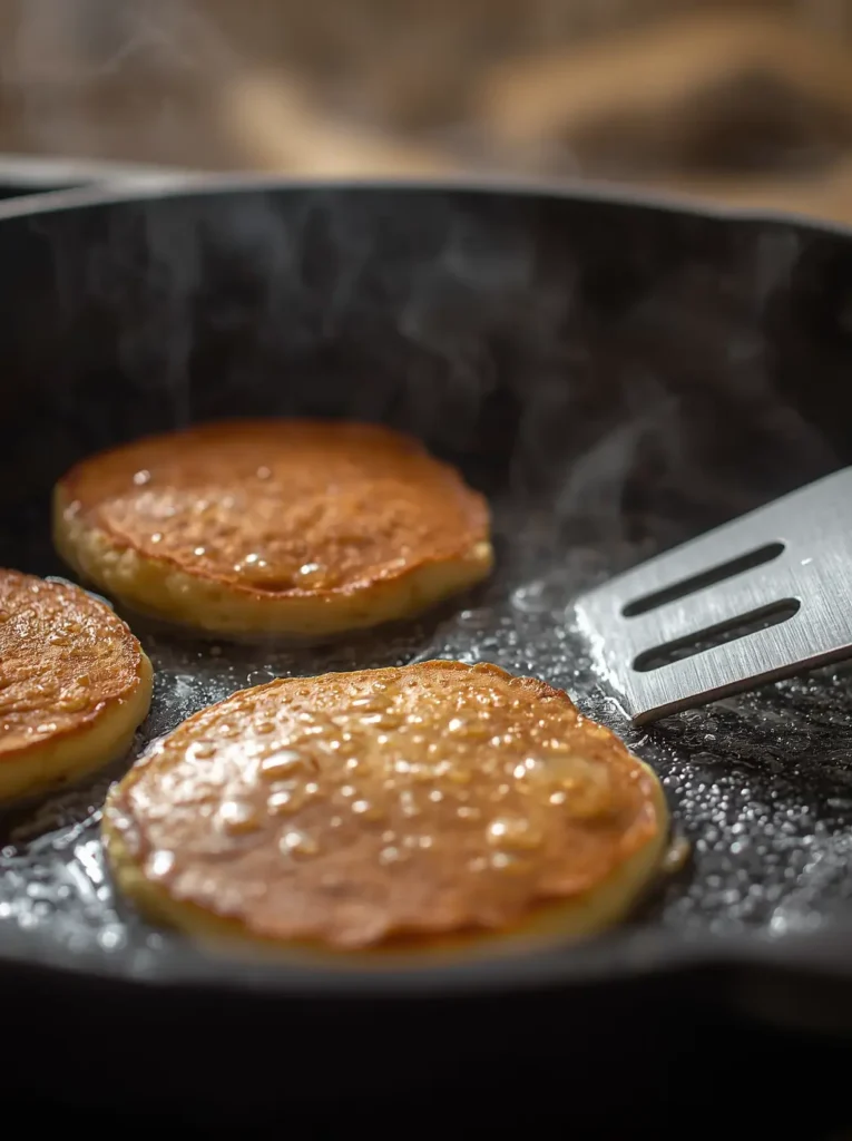 Keto Almond Flour Pancakes 3 Almond flour keto pancakes cooking in a skillet with bubbles forming on top, the sign they are ready to flip