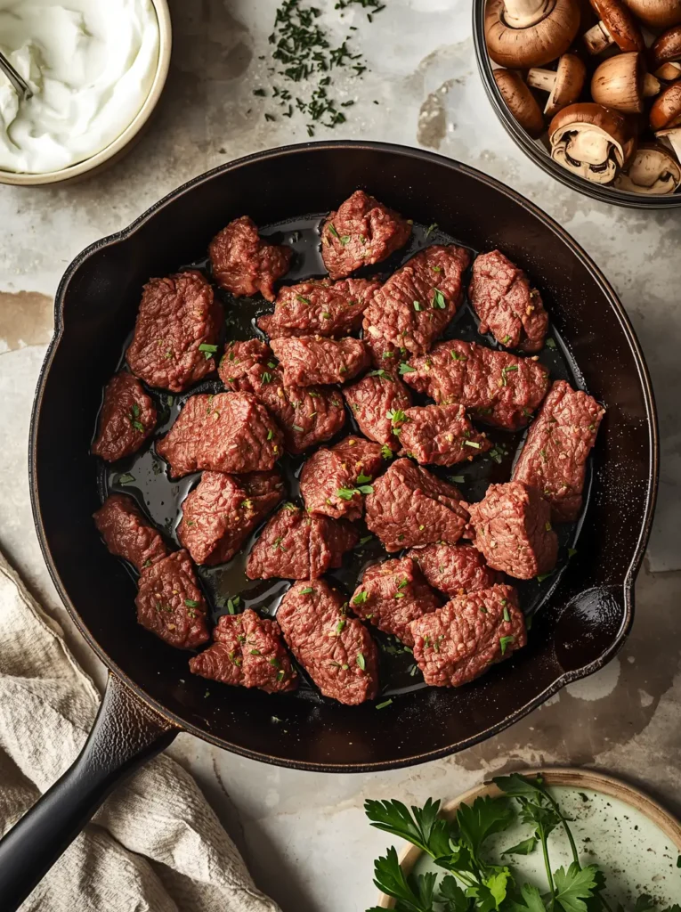 Browning ground beef in a cast iron skillet as the first step of Keto Beef Stroganoff meal prep
