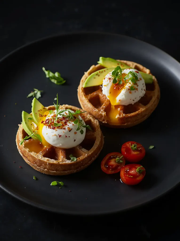 Coconut Flour Waffles 3 Coconut flour waffles served with avocado, poached egg, and chili flakes for a savory breakfast