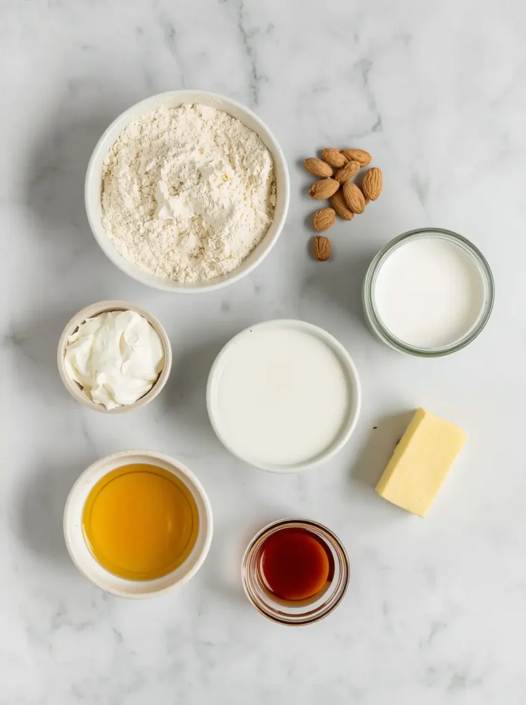 Keto Almond Flour Pancakes 2 Ingredients for keto almond flour pancakes laid out flat — almond flour, eggs, cream cheese, and low-carb sweetener