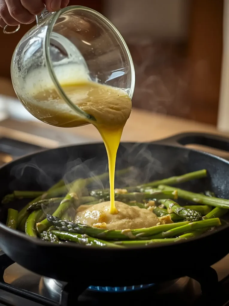 Keto Frittata with Asparagus 3 Pouring egg mixture over asparagus in a skillet for keto frittata recipe