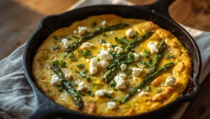 Keto Frittata with Asparagus Keto frittata with asparagus served in a cast iron skillet