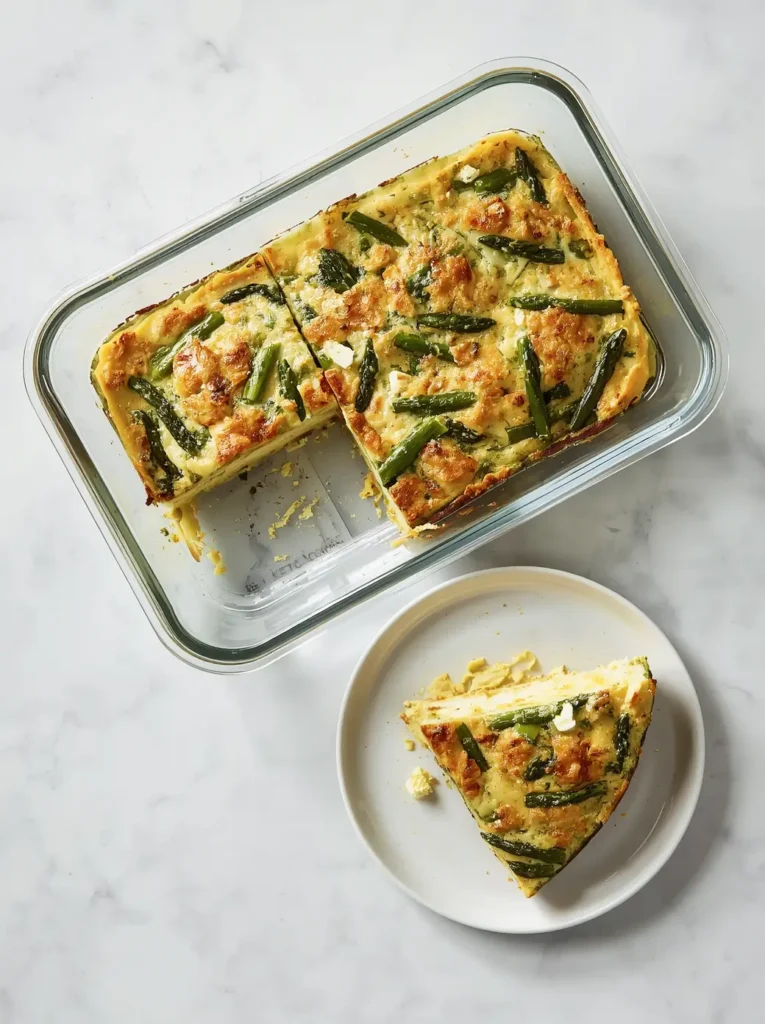 Keto Frittata with Asparagus 5 Sliced keto frittata with asparagus stored in a glass meal prep container