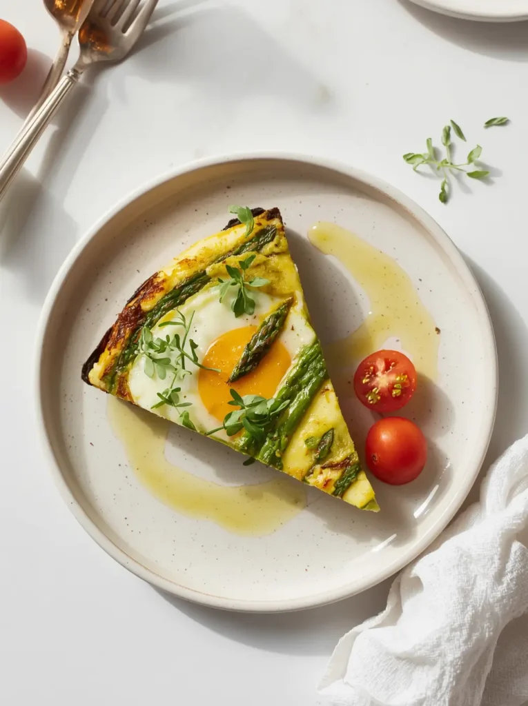 Keto Frittata with Asparagus 4 Plated slice of keto frittata with asparagus on a white plate