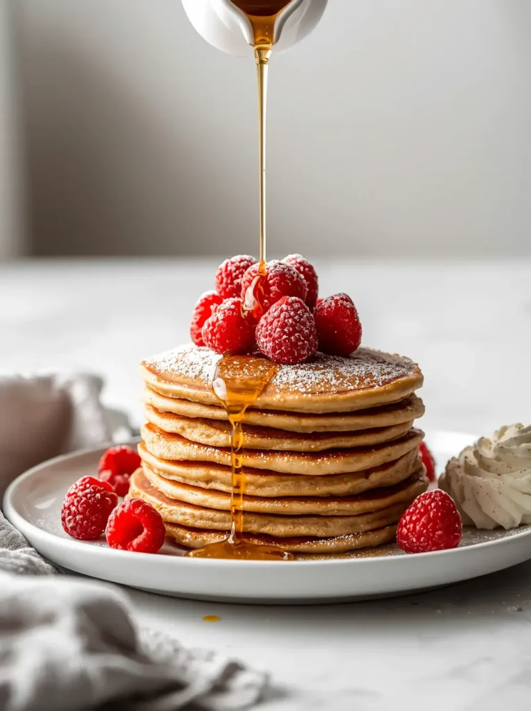 Keto Almond Flour Pancakes 4 Keto pancakes with almond flour topped with fresh berries and a drizzle of sugar-free syrup, a beautiful low-carb breakfast serving
