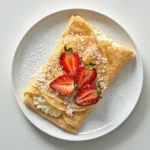 Low carb cream cheese crepes folded on a white ceramic plate, topped with fresh strawberries and powdered sweetener.