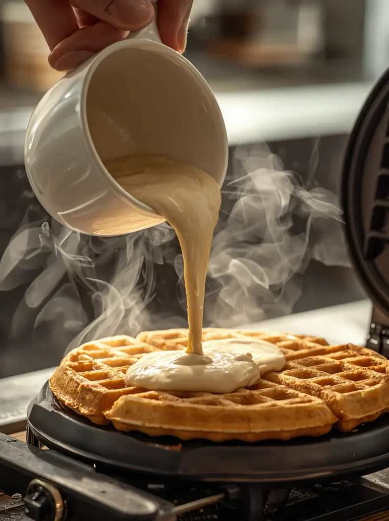 Coconut Flour Waffles 2 Pouring coconut flour waffle batter onto a hot waffle iron for a quick breakfast