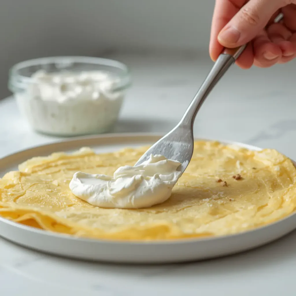 Low Carb Cream Cheese Crepes 3 Whipped cream cheese crepe filling being spread onto a golden low carb crepe on a white plate with an offset spatula.