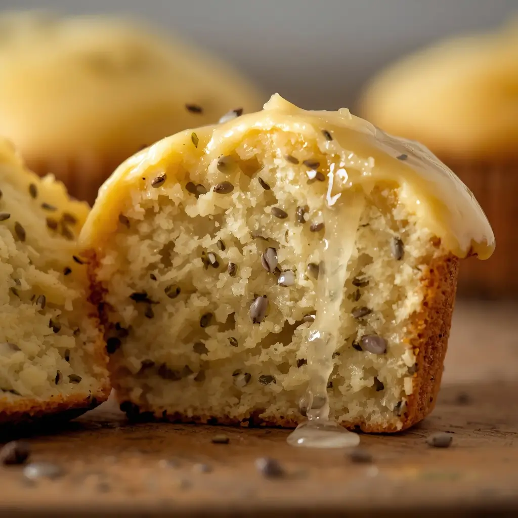 Close-up of a keto lemon poppy seed muffin split in half showing moist crumb and lemon glaze drizzle