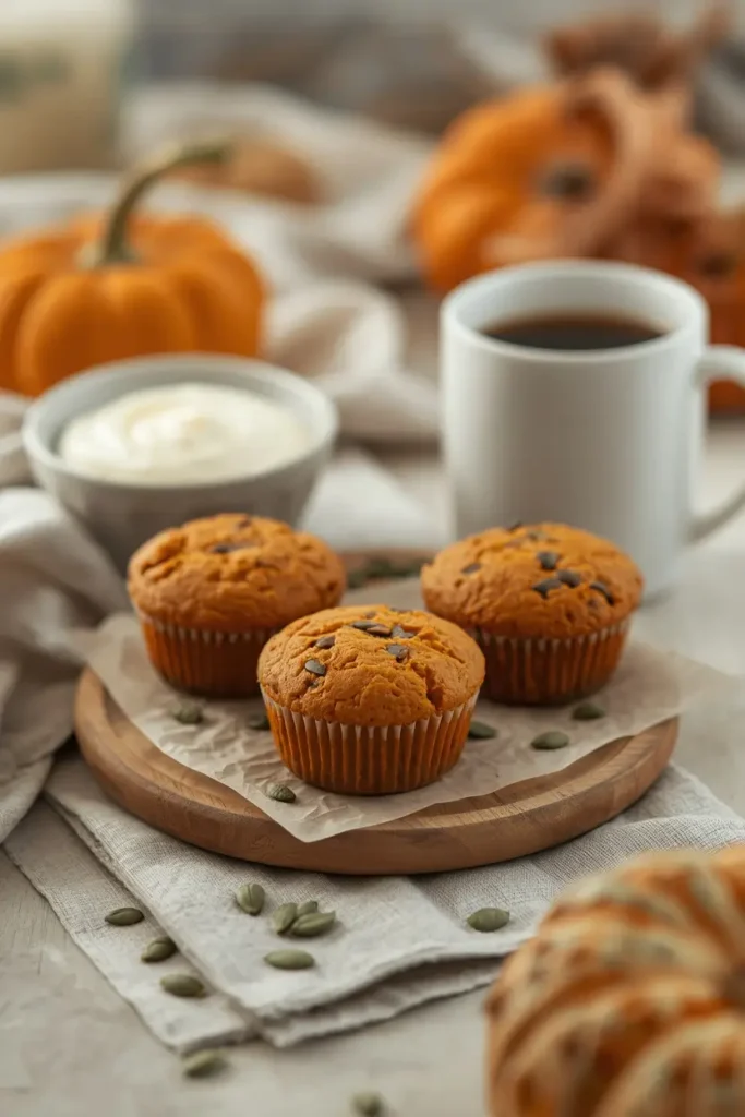 Almond flour pumpkin muffins served on a wooden board with cream cheese dip and a cup of coffee on a linen napkin