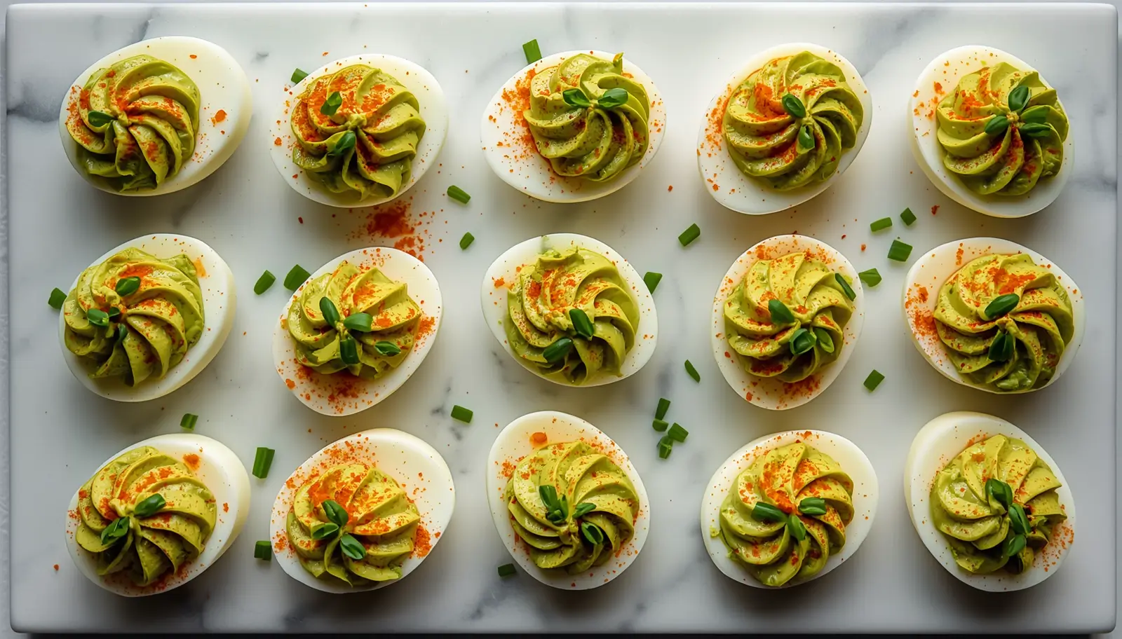 Avocado Deviled Eggs 1 avocado deviled eggs arranged on a marble serving board