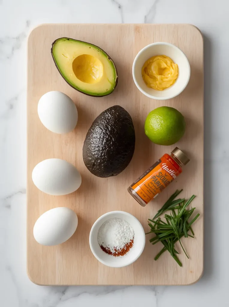 Avocado Deviled Eggs 2 avocado deviled eggs recipe ingredients flat lay