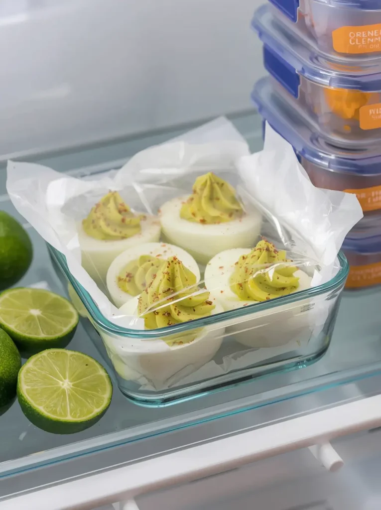 Avocado Deviled Eggs 5 avocado deviled eggs stored in an airtight container