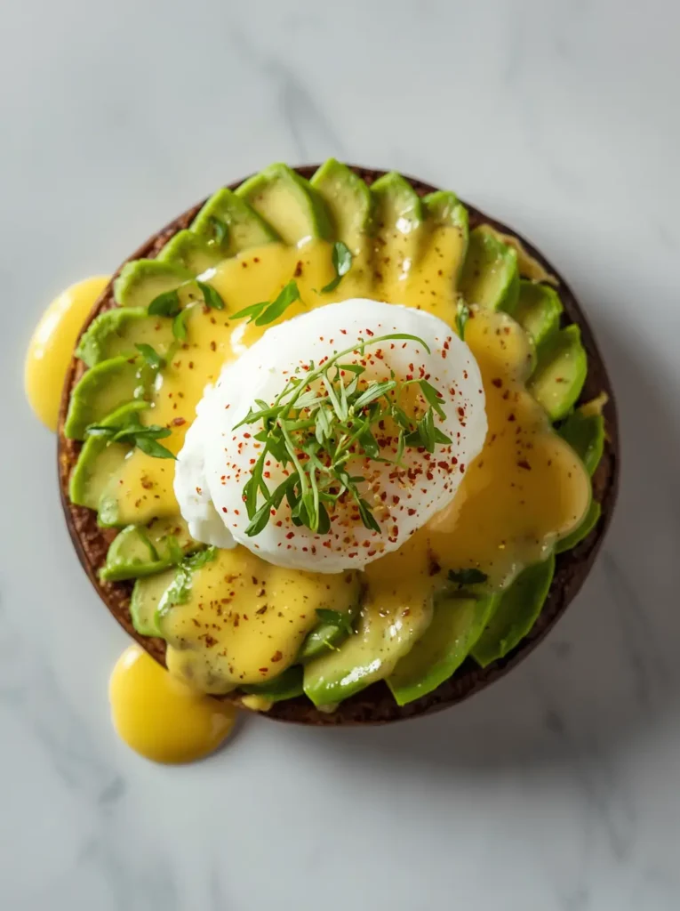 keto eggs benedict 4 Avocado eggs benedict with sliced avocado, poached egg, and hollandaise on a keto-friendly base