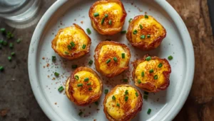 Bacon and Cheddar Egg Bites Bacon and Cheddar Egg Bites arranged on a white plate with fresh herbs