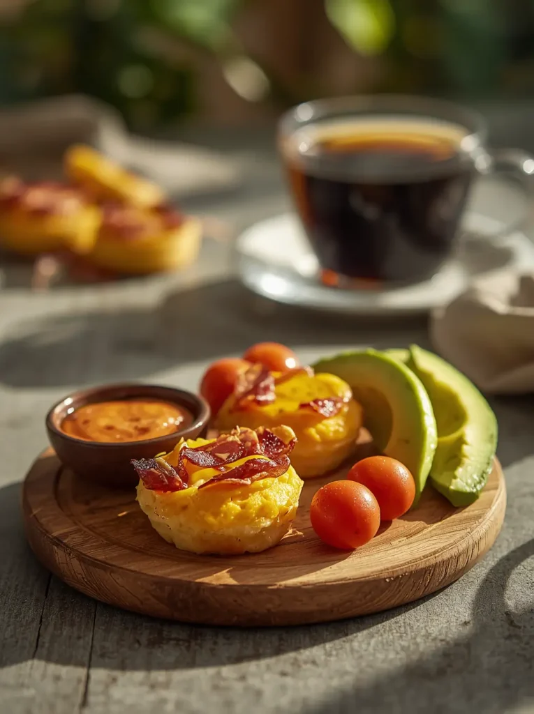 Bacon and Cheddar Egg Bites 5 Bacon and cheese egg bites served on a wooden board with avocado slices and cherry tomatoes