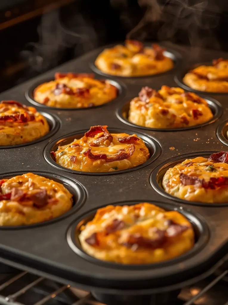 Bacon and Cheddar Egg Bites 3 Bacon and egg bites baking in a muffin tin with melted cheddar on top
