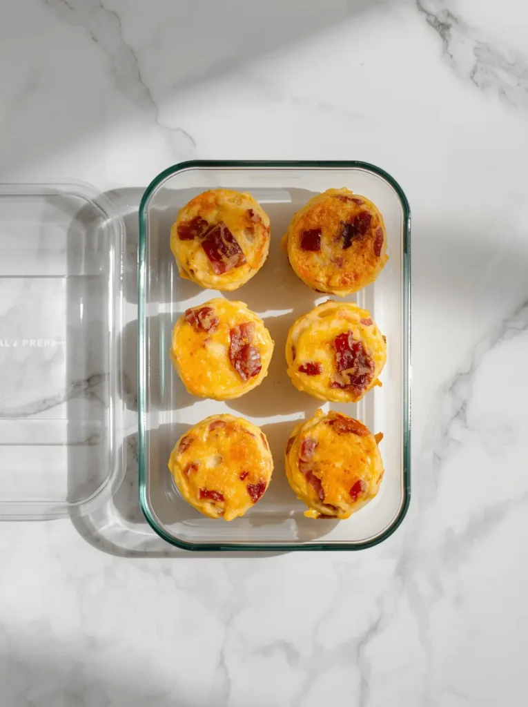 Bacon and Cheddar Egg Bites 4 Bacon cheddar egg bites stored in a glass meal prep container for the week
