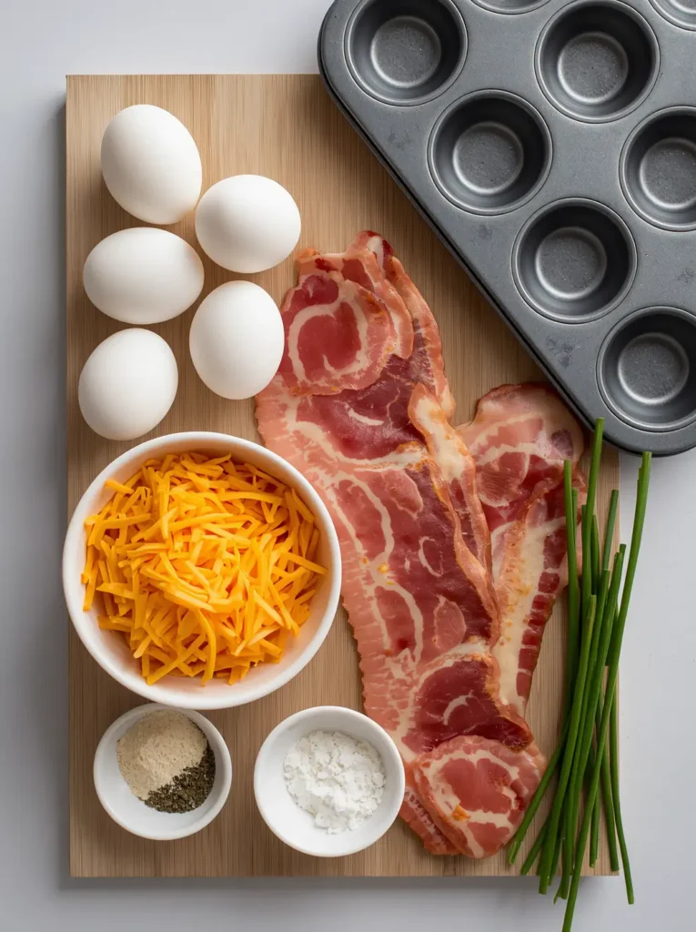 Bacon and Cheddar Egg Bites 2 Fresh ingredients for bacon cheese egg bites including eggs, cheddar, and crispy bacon on a wooden board