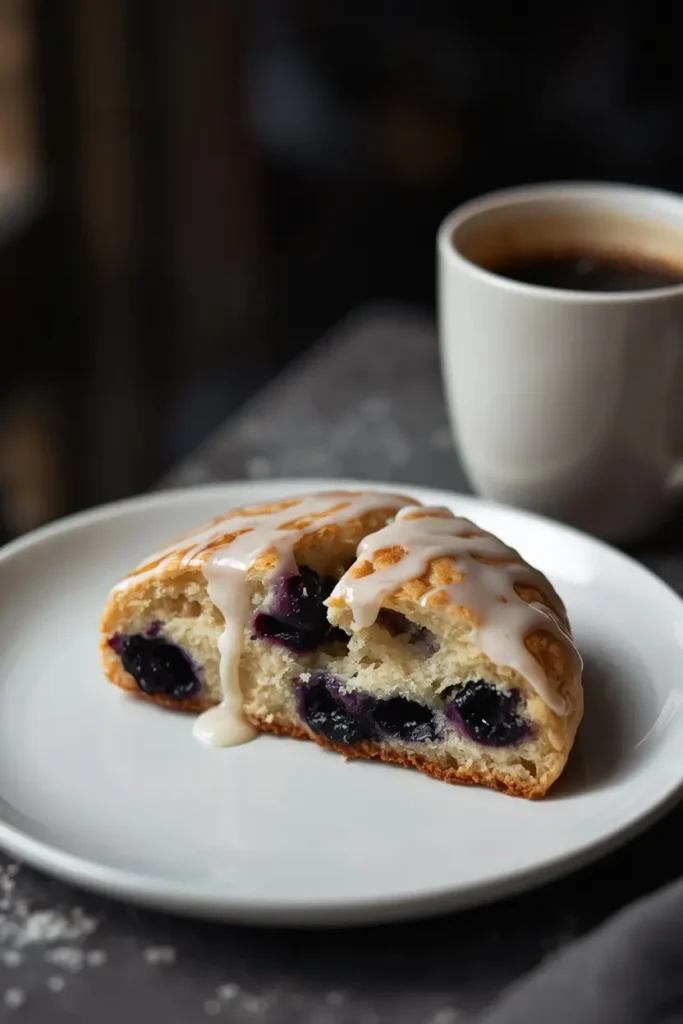 Keto Blueberry Scones 4 A sliced blueberry keto scone on a white plate showing fluffy interior, served with black coffee