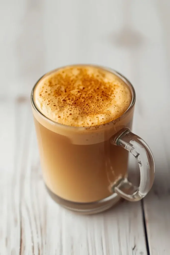 Frothy bulletproof coffee for keto in a glass mug with golden foam on top, ready to serve