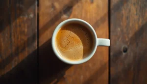 Bulletproof coffee recipe in a white mug with grass-fed butter and MCT oil on a wooden table