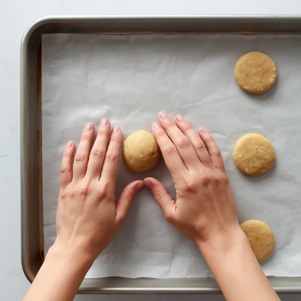 Hands flattening keto chocolate chip cookie dough balls on a parchment-lined baking tray before baking