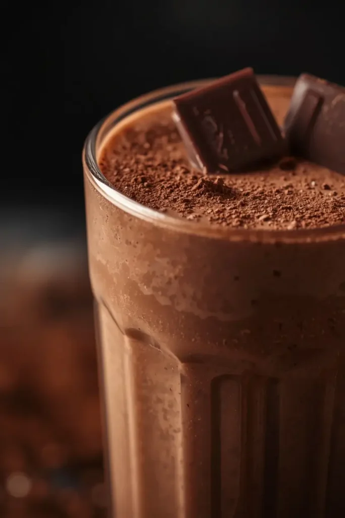 Close-up of a chocolate keto protein shake topped with cocoa powder and dark chocolate squares
