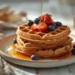 Golden coconut flour waffles stacked on a white plate with fresh berries and maple syrup