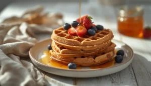 Coconut Flour Waffles Golden coconut flour waffles stacked on a white plate with fresh berries and maple syrup