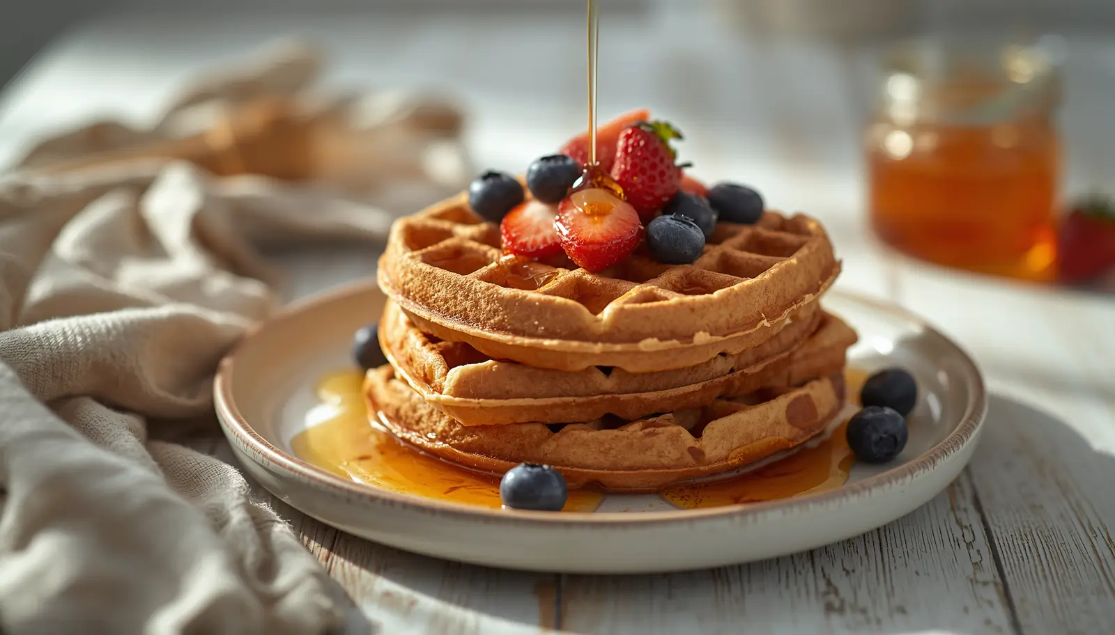 Coconut Flour Waffles 1 Golden coconut flour waffles stacked on a white plate with fresh berries and maple syrup