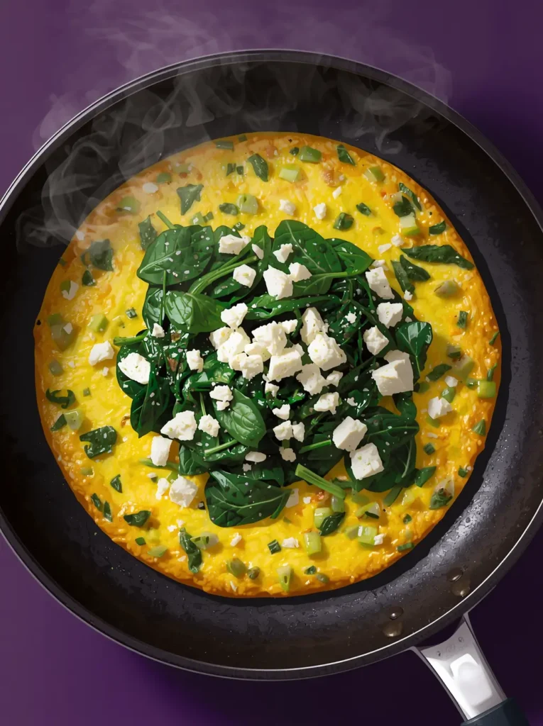 Spinach and Feta Omelet 3 Spinach and feta omelet cooking in a non-stick skillet with wilted spinach and crumbled feta on top