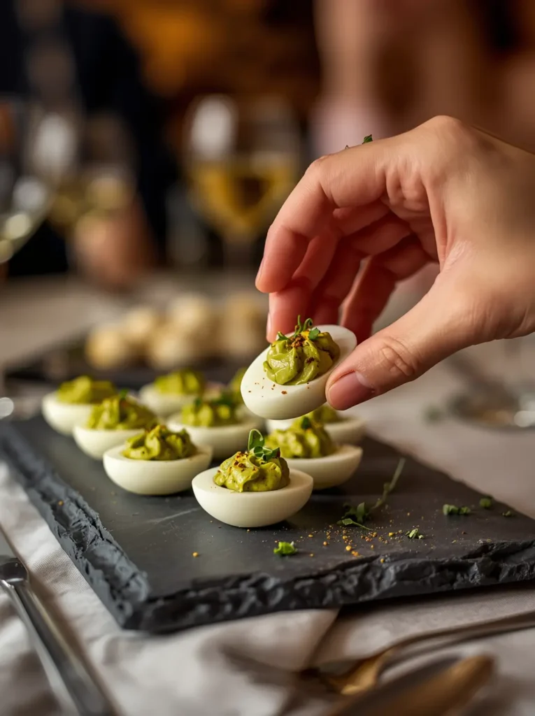 Avocado Deviled Eggs 4 deviled egg with avocado on a party platter