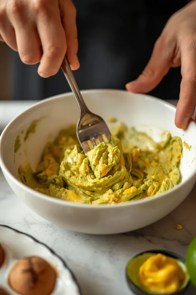 Avocado Deviled Eggs 3 making deviled eggs with avocado filling in a bowl