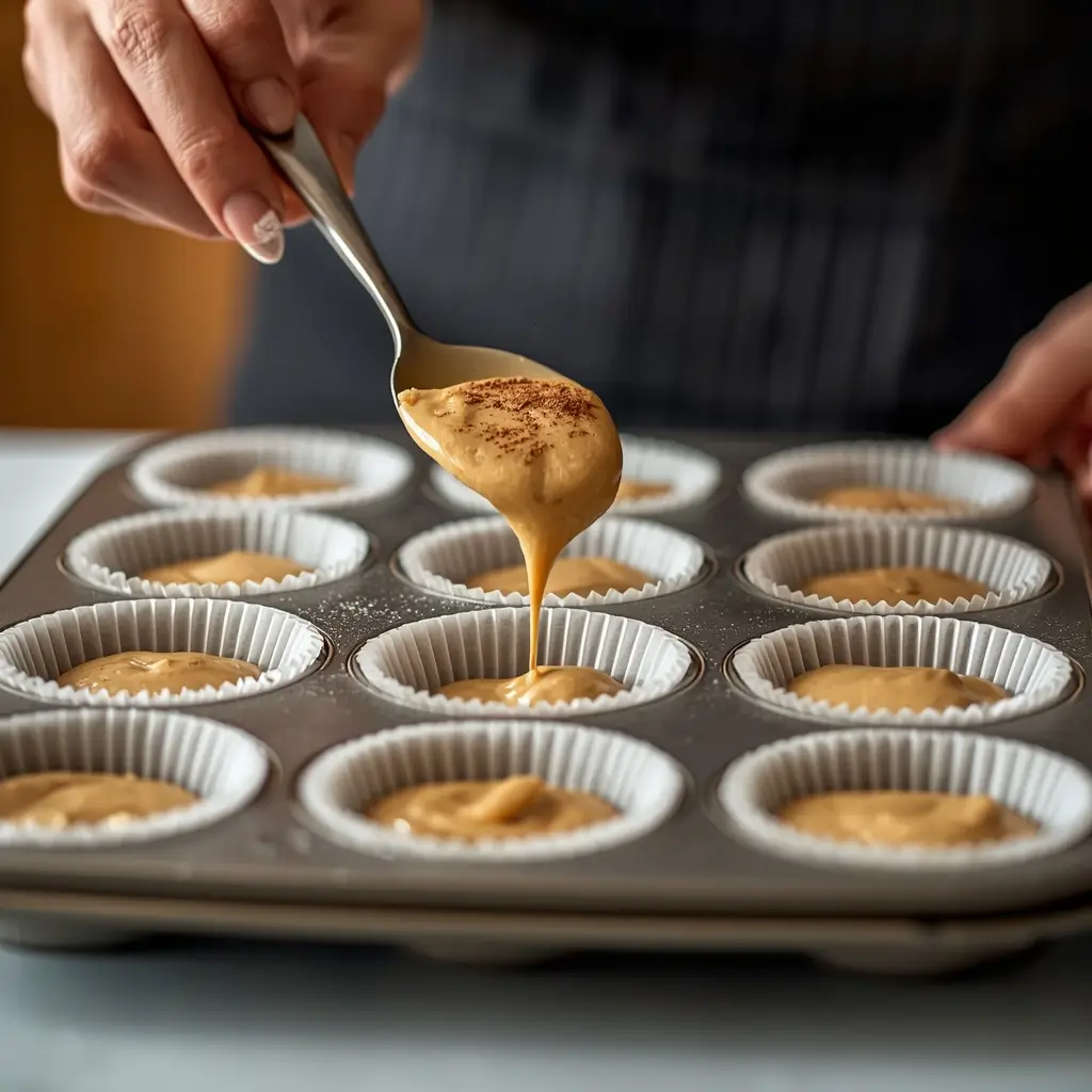 Keto Cinnamon Muffins 2 Easy keto cinnamon muffins batter being spooned into a muffin tin