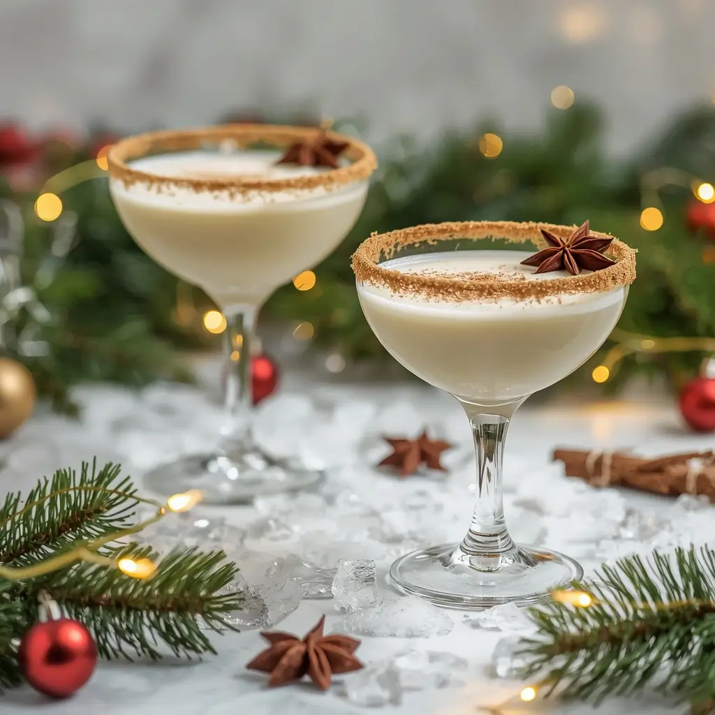Two glasses of eggnog keto drink served over ice with a cinnamon rim, star anise garnish, and nutmeg dusting on a festive holiday table.