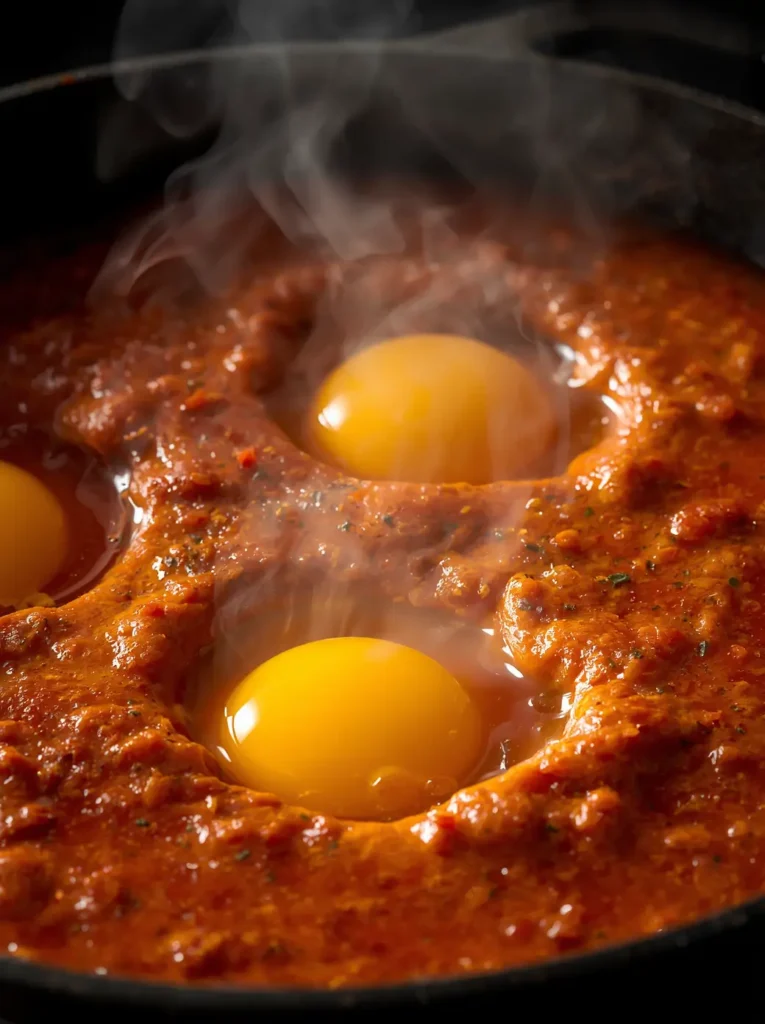 Keto Shakshuka 3 Eggs being nestled into simmering tomato sauce