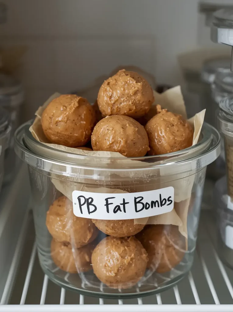 Fat bombs peanut butter stored in an airtight container for keto meal prep
