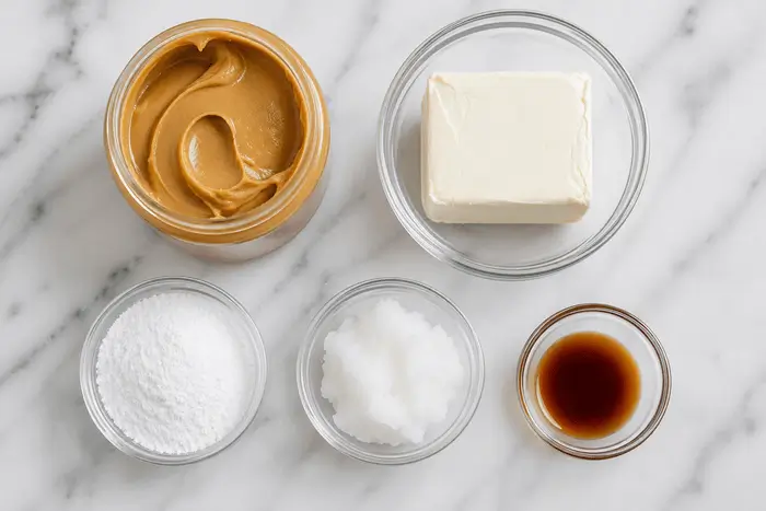 Keto ingredients for peanut butter fat bombs — cream cheese, coconut oil, and natural peanut butter