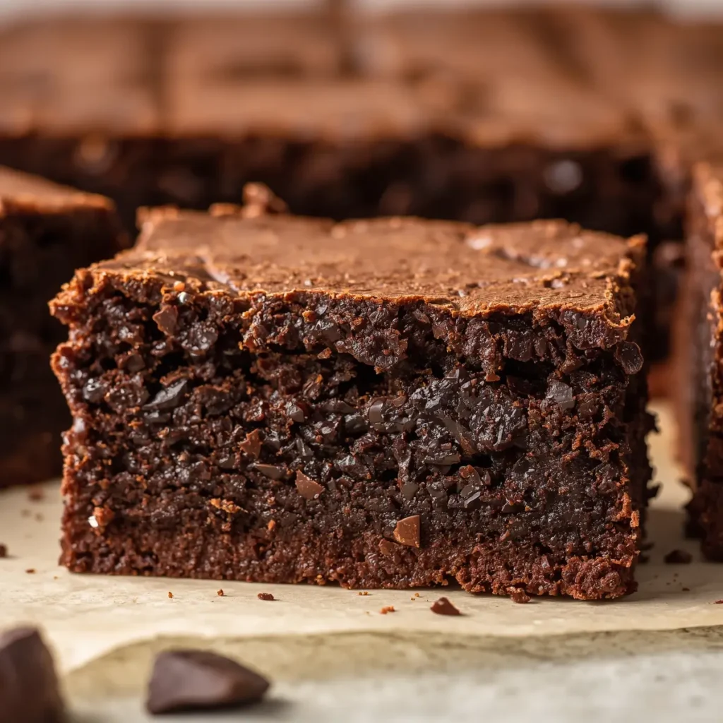 Close-up of a sliced fudgy keto brownie showing dense chocolate texture and crackly top