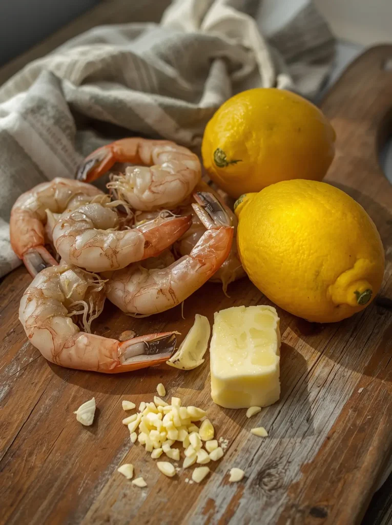 Garlic Butter Shrimp 2 Fresh shrimp, garlic, butter, and lemon, ingredients for garlic butter shrimp recipe