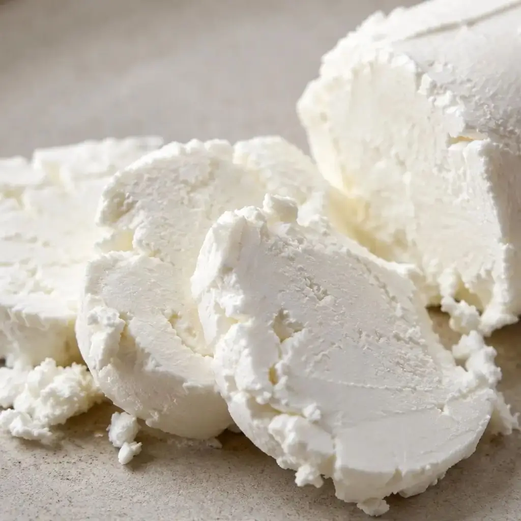 Crumbled fresh goat cheese chevre ready to be folded into scrambled eggs