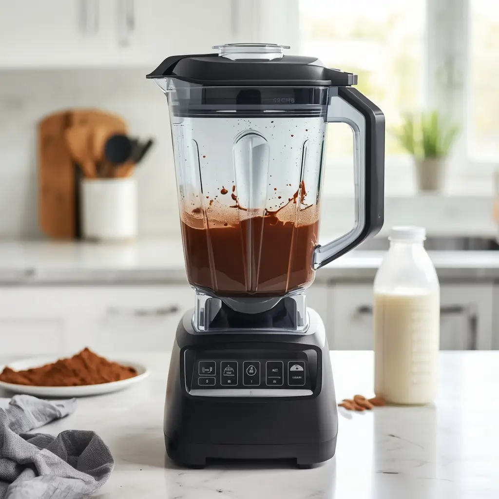 Blender making a keto chocolate protein shake with cocoa powder and almond milk in the background