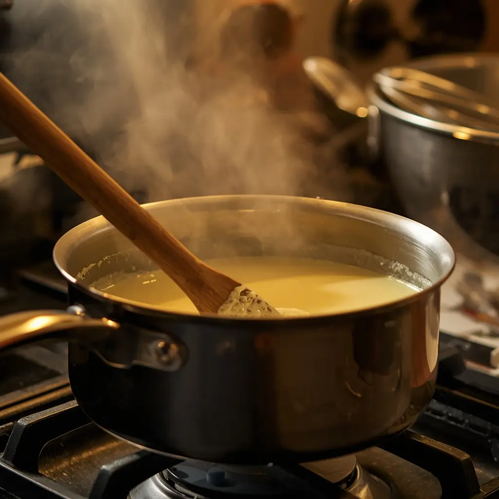 A saucepan on the stovetop with creamy keto eggnog mixture being stirred with a wooden spoon, steam rising in a warm kitchen setting.