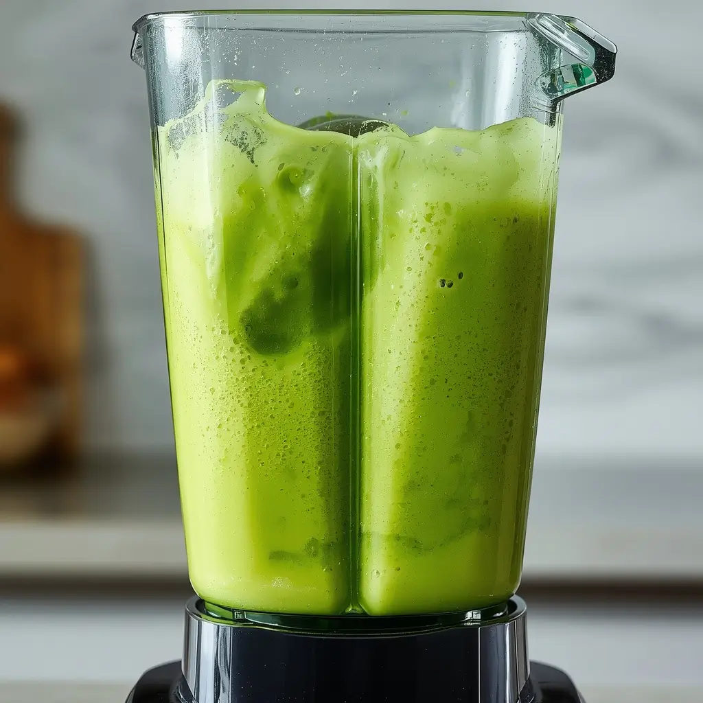 Blending a keto matcha smoothie in a glass blender showing the green mixture with avocado and coconut milk