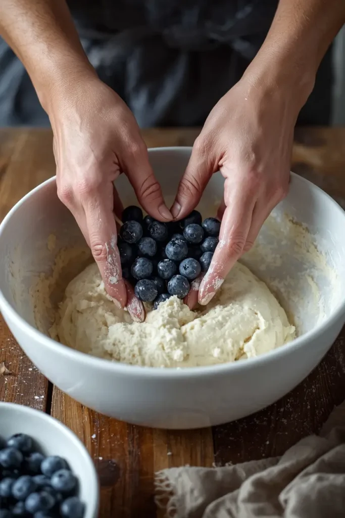 Keto Blueberry Scones 3 Folding fresh blueberries into keto blueberry scone dough in a mixing bowl