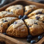 Freshly baked keto blueberry scones on a rustic wooden tray with fresh blueberries