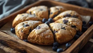 Keto Blueberry Scones Freshly baked keto blueberry scones on a rustic wooden tray with fresh blueberries